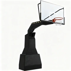 Complete side isometric view of FIBA-approved permanent inground basketball hoop showing 300×400mm steel column, 2.25m offset arm, 180×105cm tempered glass backboard, and powder-coated black finish for indoor and outdoor court installation.