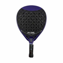 Complete geometric direct face perspective of Padel Racket 18K Carbon Fiber showing the 445-455mm length frame, water transfer printed graphic layer, and high-comfort moisture-wicking PU grip tape handle.
