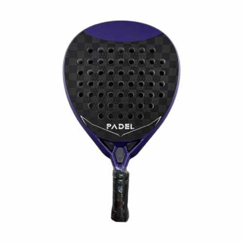 Complete geometric direct face perspective of Padel Racket 18K Carbon Fiber showing the 445-455mm length frame, water transfer printed graphic layer, and high-comfort moisture-wicking PU grip tape handle.