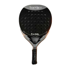 Complete geometric direct face perspective of Padel Racket 3K Carbon Fiber showing the 445-455mm length frame, water transfer printed graphic layer, and high-comfort moisture-wicking PU grip tape handle.