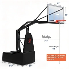 Close-up of the manual spring-loaded folding and lifting system on a spring portable basketball hoop, beside the two independent ballast weight boxes, showing steel hinge mechanism and powder-coated finish for rapid public venue setup.