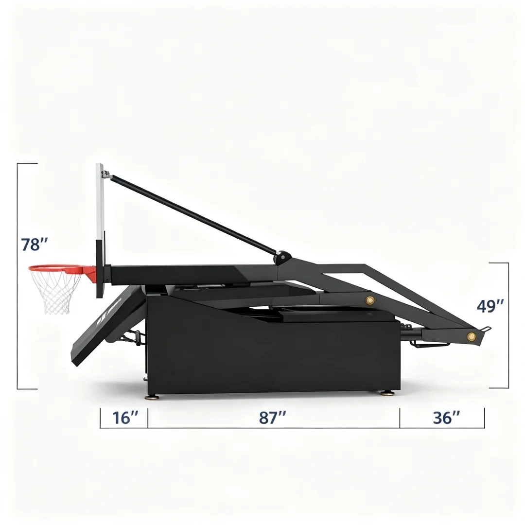 High-magnification detail of the 12mm tempered glass backboard and integrated built-in 12-second timer display on a FIBA approved 3x3 basketball stand, showing rim mount and steel frame finish for tournament arena installation.