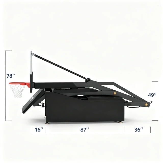 High-magnification detail of the 12mm tempered glass backboard and integrated built-in 12-second timer display on a FIBA approved 3x3 basketball stand, showing rim mount and steel frame finish for tournament arena installation.