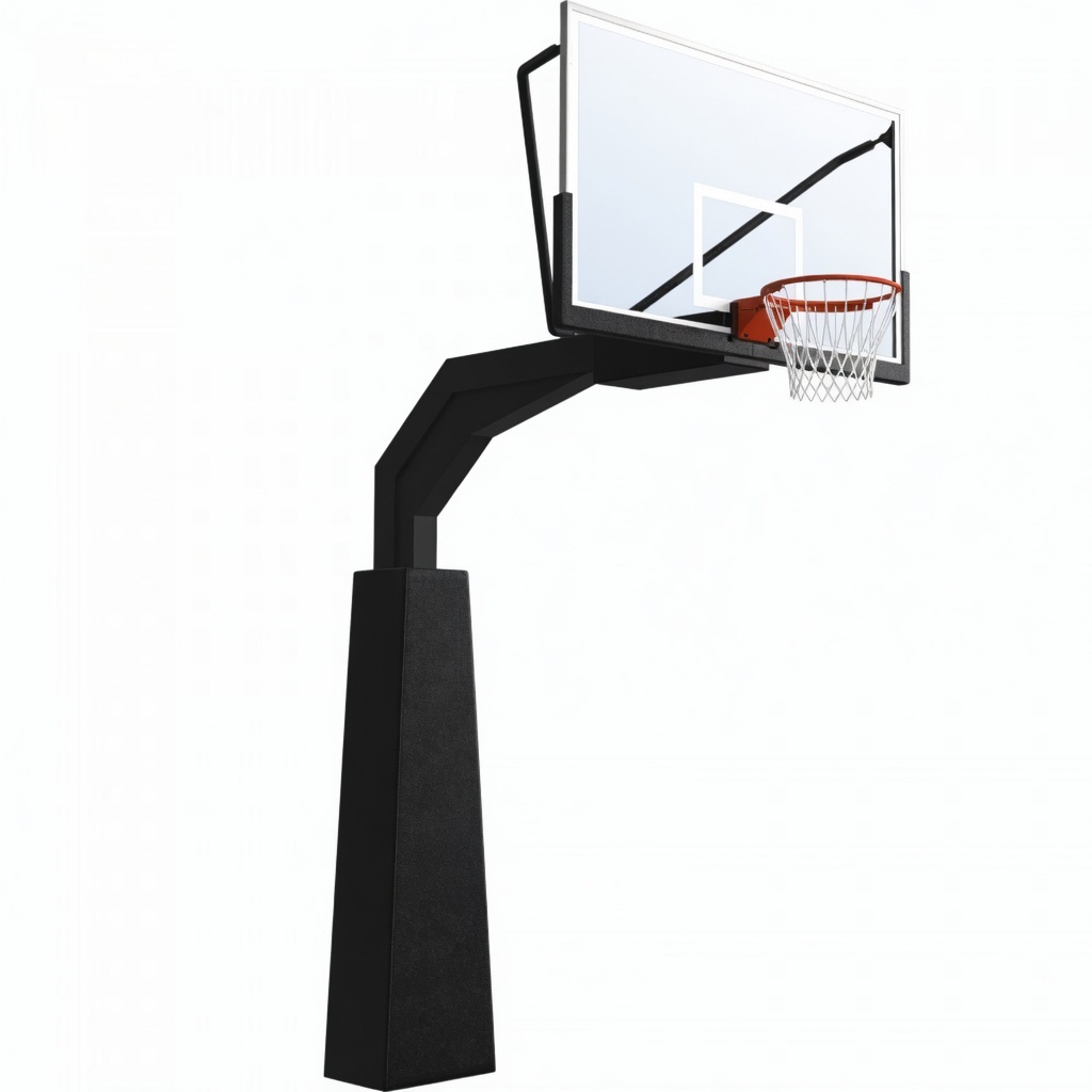 Complete side isometric view of Commemorative Model A300-series permanent inground underground basketball stand showing 200×300mm structural square steel column, 1.90m offset arm, 180×105cm tempered glass backboard, and multi-color powder coating finish for indoor and outdoor court installation.