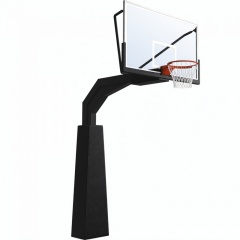 Complete side isometric view of Commemorative Model A300-series permanent inground underground basketball stand showing 200×300mm structural square steel column, 1.90m offset arm, 180×105cm tempered glass backboard, and multi-color powder coating finish for indoor and outdoor court installation.