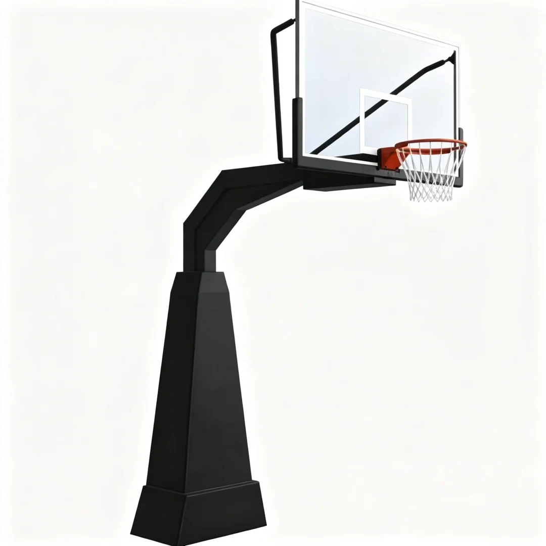 Complete side isometric view of FIBA-approved Hero style underground basketball stand showing 200×300mm zinc rich primer treated steel column, 1.90m offset arm, 180×105cm tempered glass backboard, and powder-coated finish for permanent indoor and outdoor court installation.