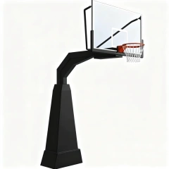 Complete side isometric view of FIBA-approved Hero style underground basketball stand showing 200×300mm zinc rich primer treated steel column, 1.90m offset arm, 180×105cm tempered glass backboard, and powder-coated finish for permanent indoor and outdoor court installation.