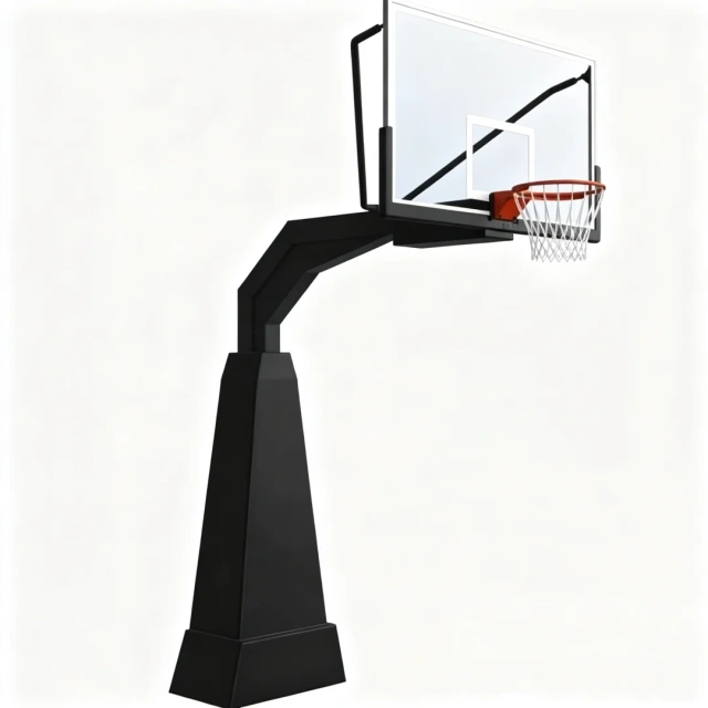 Complete side isometric view of FIBA-approved Hero style underground basketball stand showing 200×300mm zinc rich primer treated steel column, 1.90m offset arm, 180×105cm tempered glass backboard, and powder-coated finish for permanent indoor and outdoor court installation.