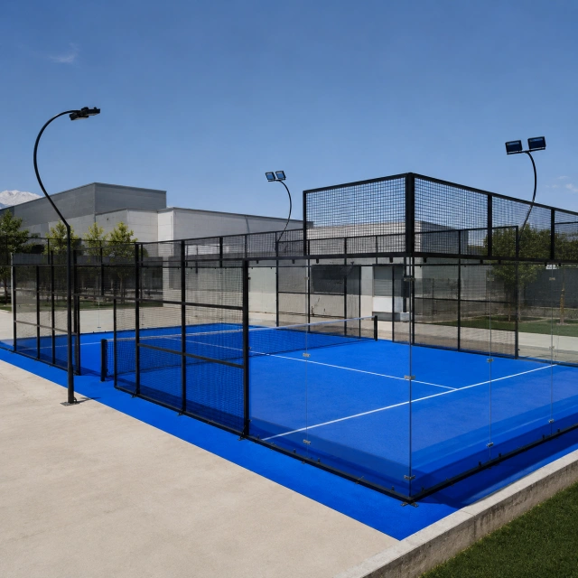Full view panoramic padel court HO02 exterior with tempered glass walls