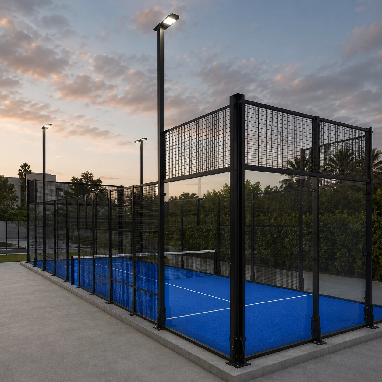 Single Padel Court H004 complete installed court, full perspective view