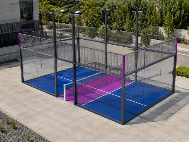 Complete Pablo H006 padel court system with steel frame, glass walls, and turf