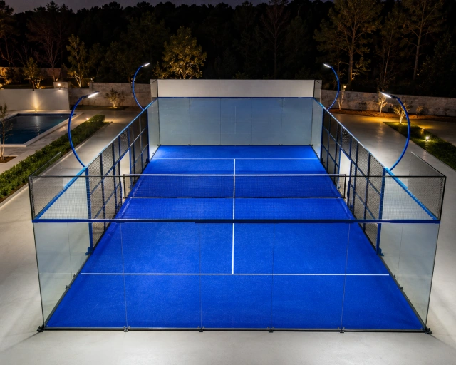 World Padel Tour style curved panoramic padel court, full outdoor installation view