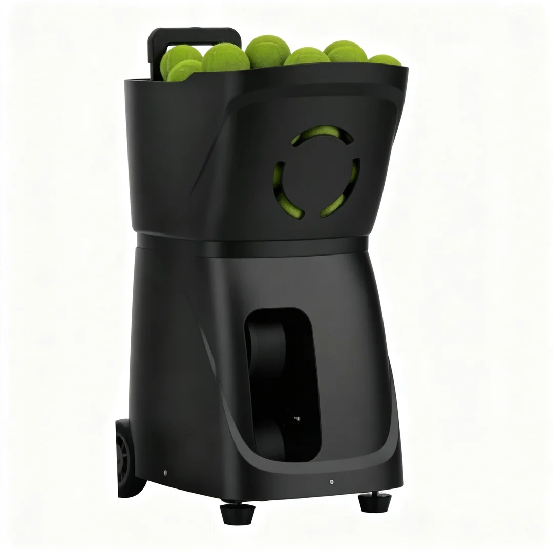 Tennis ball machine used on outdoor tennis court for player training