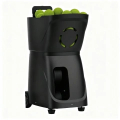 Tennis ball machine used on outdoor tennis court for player training