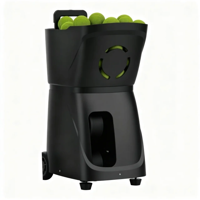 Tennis ball machine used on outdoor tennis court for player training