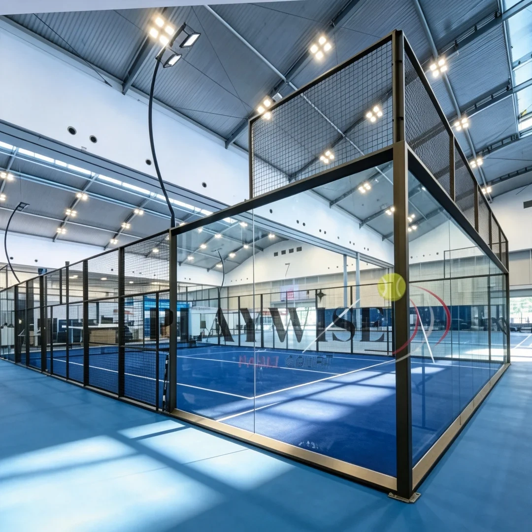 Panoramic padel court transparent glass enclosure system detail