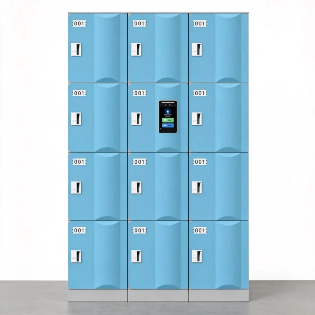 Facial recognition lockers installed in a modern commercial gym changing room