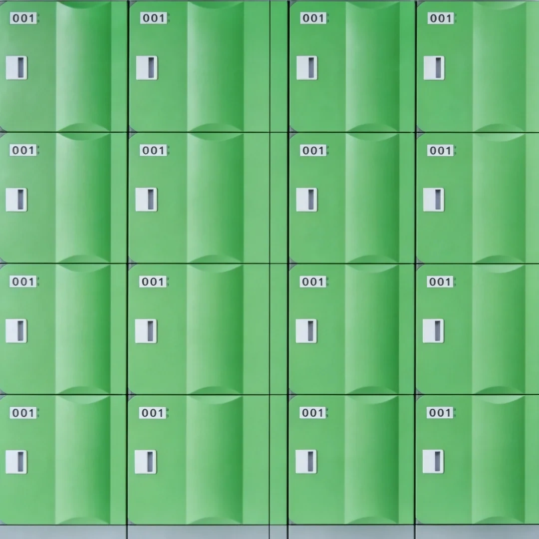 Instrument lockers installed in a commercial gym equipment storage area
