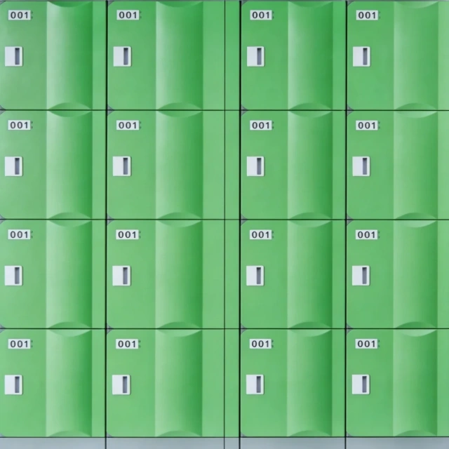 Instrument lockers installed in a commercial gym equipment storage area