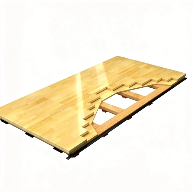 Portable basketball court flooring system installed for indoor sports events
