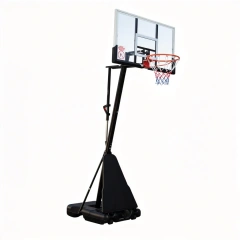 Height-adjustable basketball hoop with steel pole, backboard, rim, and PE base