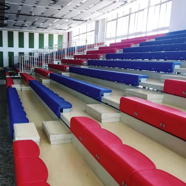 SQ-9002 retractable bleachers in folded storage position for multi-purpose venues