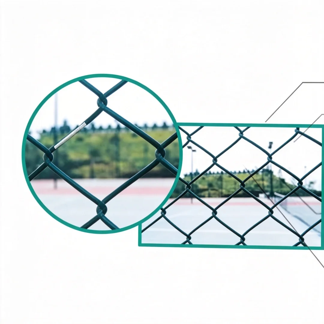 Complete tennis court fence system with plastic-coated galvanized steel wire structure