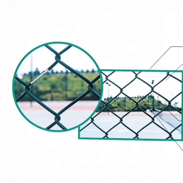 Complete tennis court fence system with plastic-coated galvanized steel wire structure