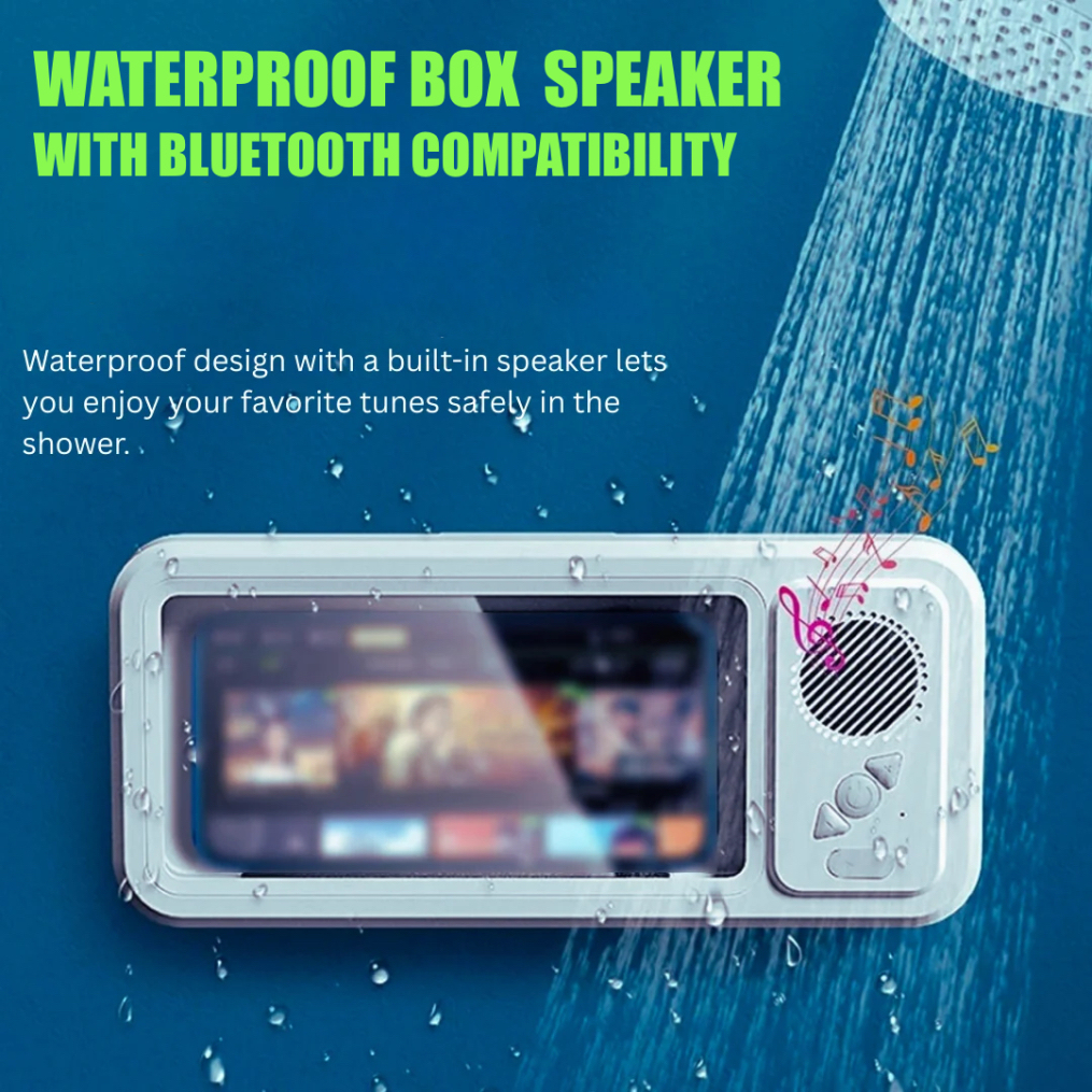 Waterproof shower phone holder with a built-in wireless Bluetooth speaker, E-Modest Limited. ,Waterproof shower phone holder with a built-in wireless Bluetooth speaker