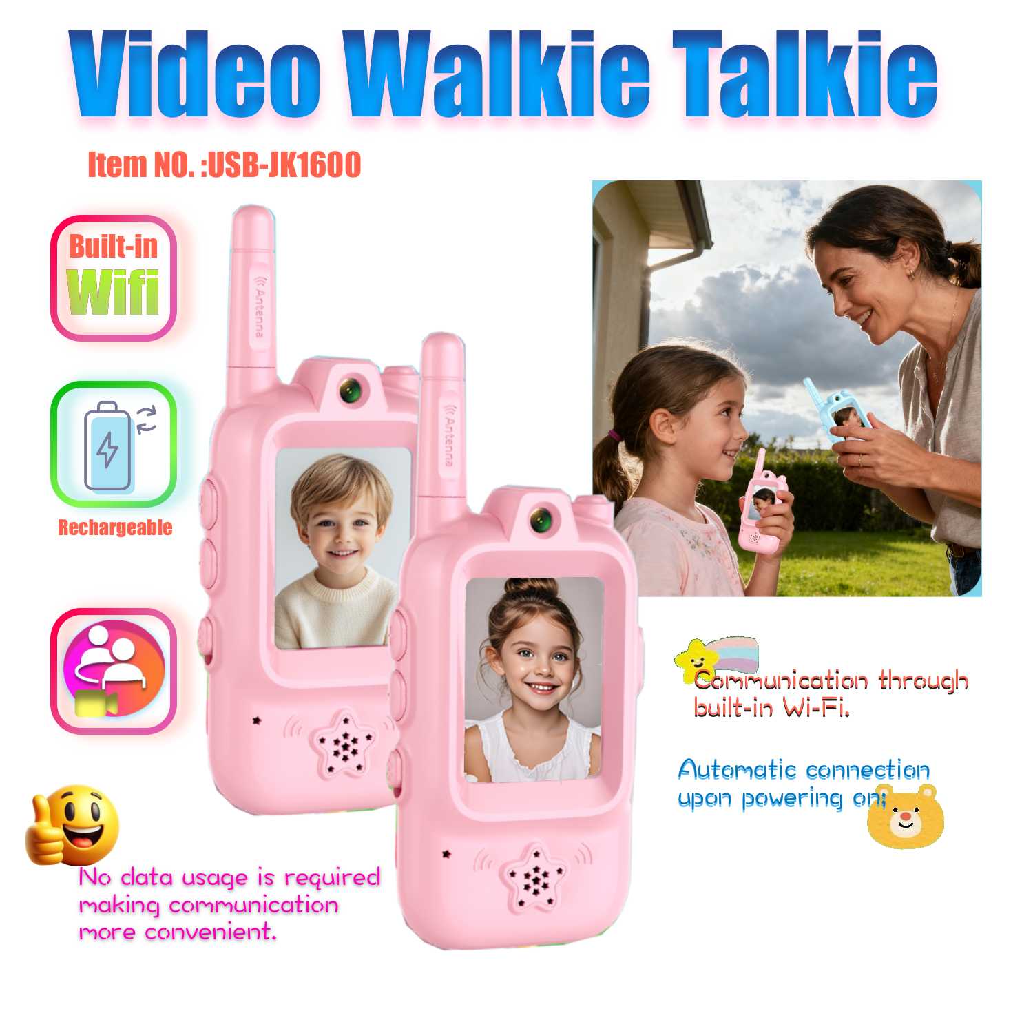 Rechargeable Video Walkie Talkies with Camera for Kids, E-Modest Limited. ,Children Video Walkie Talkies with Camera