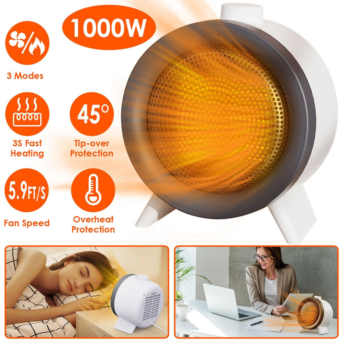 Portable Desk  Fan Heater, PTC Personal Heater for Indoor Room & Bedroom, E-Modest Limited. ,Small Electric Desk Fan Heater with 45° Adjustable Angle, PTC Personal Foot Warmer for Indoor Room & Bedroom