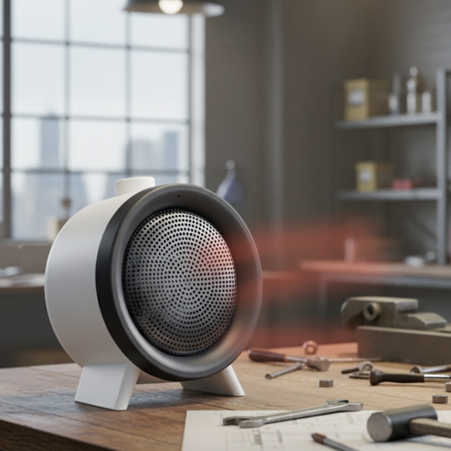 Portable Desk  Fan Heater, PTC Personal Heater for Indoor Room & Bedroom, E-Modest Limited. ,Small Electric Desk Fan Heater with 45° Adjustable Angle, PTC Personal Foot Warmer for Indoor Room & Bedroom