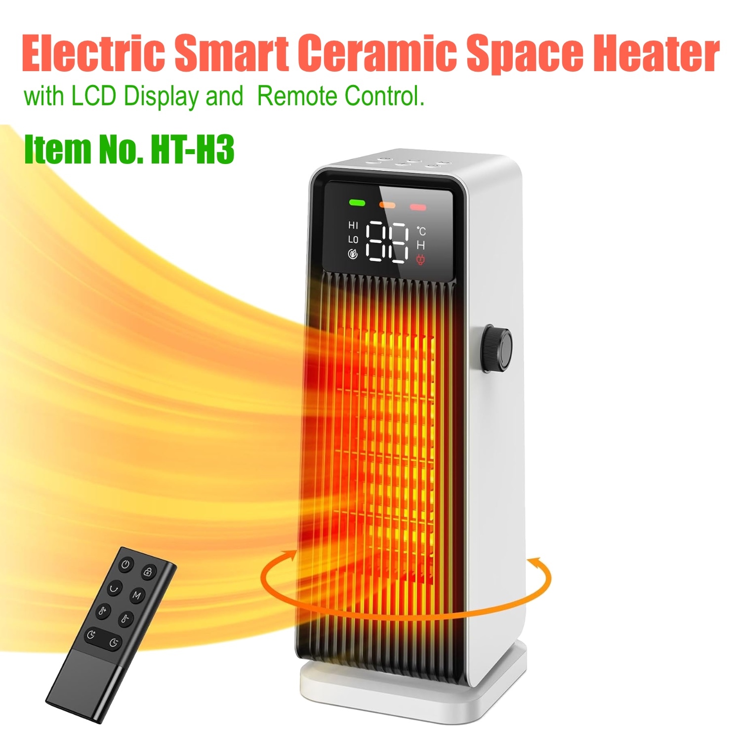 Electric Smart Ceramic Space Heater, E-Modest Limited. ,Electric Smart Ceramic Space Heater Oscillating Smart Ceramic Space Heater with Remote Control, Desktop PTC Tower Heater with LCD Temperature Display, 2-Speed Personal Quiet Table Fan Heater for Office & Home (Item HT-H3)