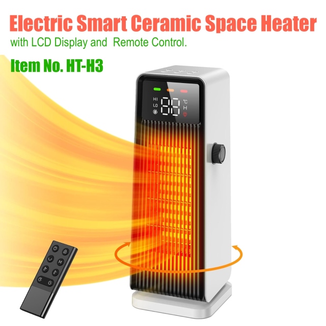 Electric Smart Ceramic Space Heater, E-Modest Limited. ,Electric Smart Ceramic Space Heater Oscillating Smart Ceramic Space Heater with Remote Control, Desktop PTC Tower Heater with LCD Temperature Display, 2-Speed Personal Quiet Table Fan Heater for Office & Home (Item HT-H3)