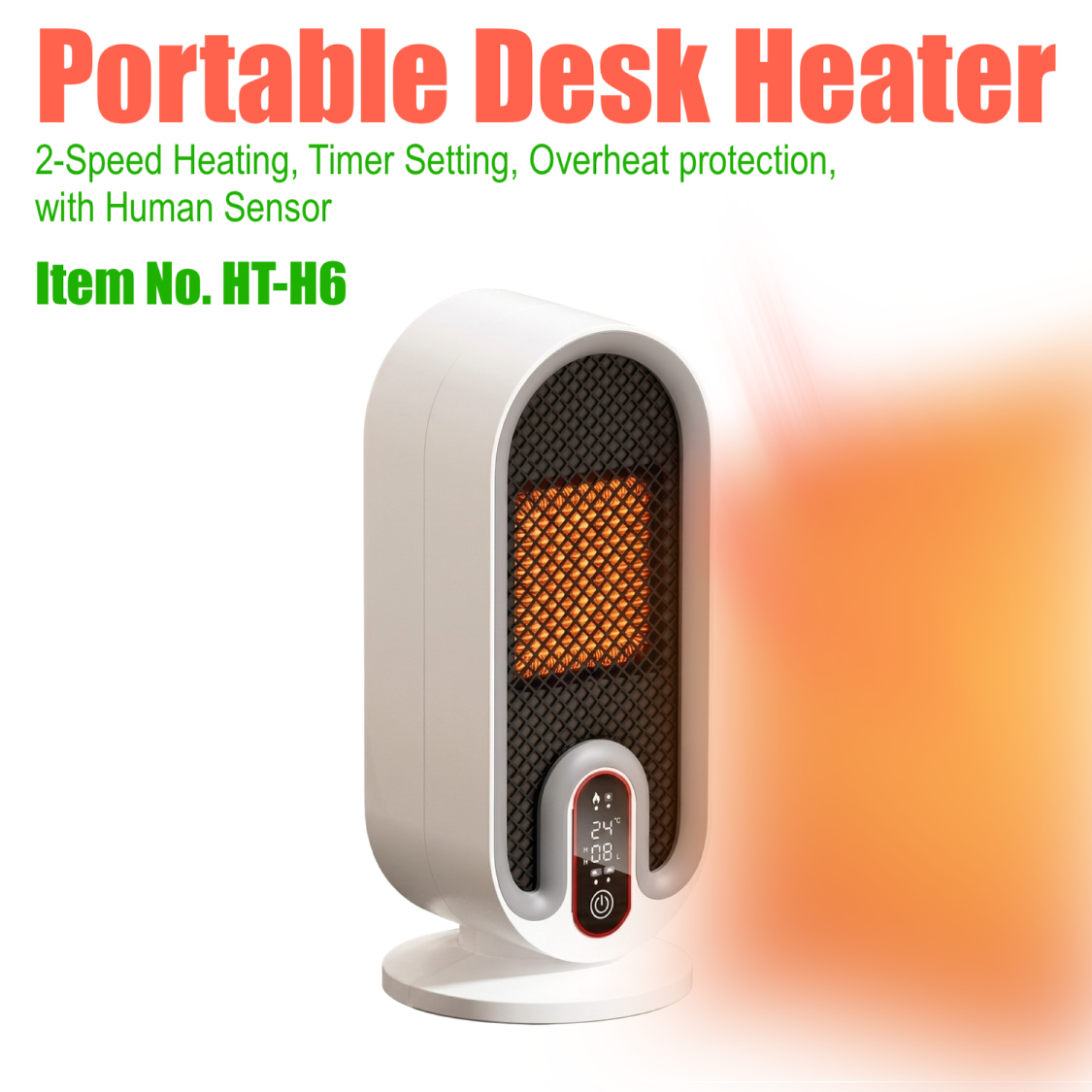 Portable Capsule Space Heater, E-Modest Limited. ,Smart Portable Capsule Space Heater with Digital Display (Item HT-H6), 2-Speed Personal Desktop Fan Heater with 12H Timer, PTC Ceramic Table Warmer with Tip-Over & Overheat Protection