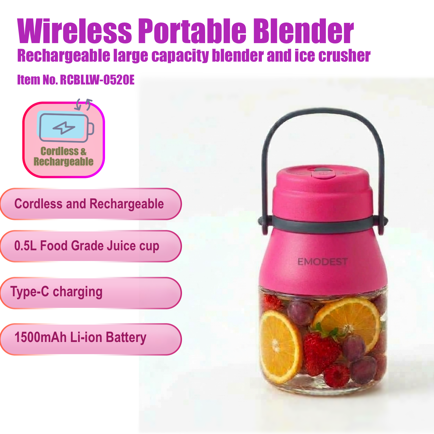 500ml Wireless Portable Blender | 7.4V Ice Crushing Juicer, E-Modest Limited. ,500ml Wireless Portable Blender Rechargeable Blender