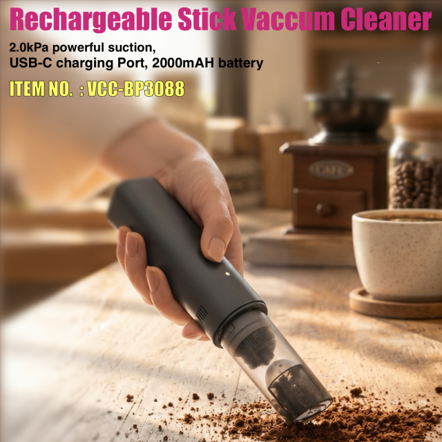 Rechargeable Mini Stick Vacuum Cleaner – 2.0kPa Portable Handheld Vacuum with Washable Filter, LED Light & Type-C Charging (Model: VCC-BP3088), E-Modest Limited. ,Rechargeable Mini Stick Vacuum Cleaner – 2.0kPa Portable Handheld Vacuum with Washable Filter, LED Light & Type-C Charging (Model: VCC-BP3088)