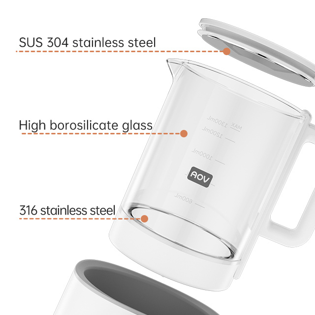 AOV Custom Household Portable Baby Milk Bottle Warmer Electric Multi-function Fast Boil Kettle 1.2L Glass+Stainless Steel PP EU