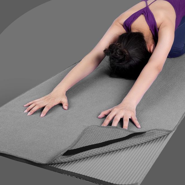 Microfiber Hot Yoga Towel Mat with Non-Slip Silicone Grip,MY SHOP,POLYTE Microfiber Hot Yoga Towel Mat with Non-Slip Silicone Grip and Secure Fit Elastic Straps, 24 x 72 in (Gray)