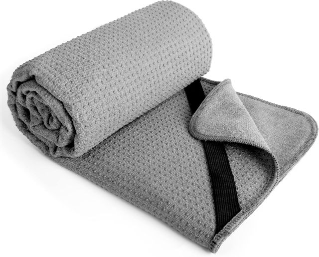 Microfiber Hot Yoga Towel Mat with Non-Slip Silicone Grip,MY SHOP,POLYTE Microfiber Hot Yoga Towel Mat with Non-Slip Silicone Grip and Secure Fit Elastic Straps, 24 x 72 in (Gray)