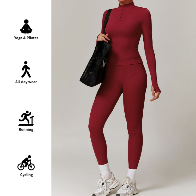 Long Sleeve High Neck Workout Set, Seamless 2 Piece Outfits High Waist Leggings Activewear,MY SHOP,Custom Women's 2 Piece Long Sleeve Yoga Set Soft Breathable 4 Way Stretch Pilates Gym Workout Activewear
