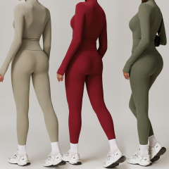 Long Sleeve High Neck Workout Set, Seamless 2 Piece Outfits High Waist Leggings Activewear,MY SHOP,Custom Women's 2 Piece Long Sleeve Yoga Set Soft Breathable 4 Way Stretch Pilates Gym Workout Activewear