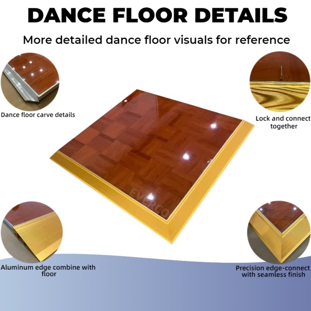 Premium Glossy Wood Veneer Modular Dance Floor Panels for Weddings & Events,EVERCO-Screw-Lock/Cam-Lock/Waterproof Portable Dance Floor for Rental Company Outdoor Indoor Wedding Hotel Events,Glossy Wood Veneer Modular Dance Floor for Weddings & Events