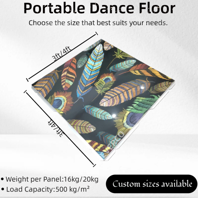 Custom Feather Print Portable Dance Floor Panels for Events,EVERCO-Screw-Lock/Cam-Lock/Waterproof Portable Dance Floor for Rental Company Outdoor Indoor Wedding Hotel Events,Custom Feather Print Portable Dance Floor Panels for Events