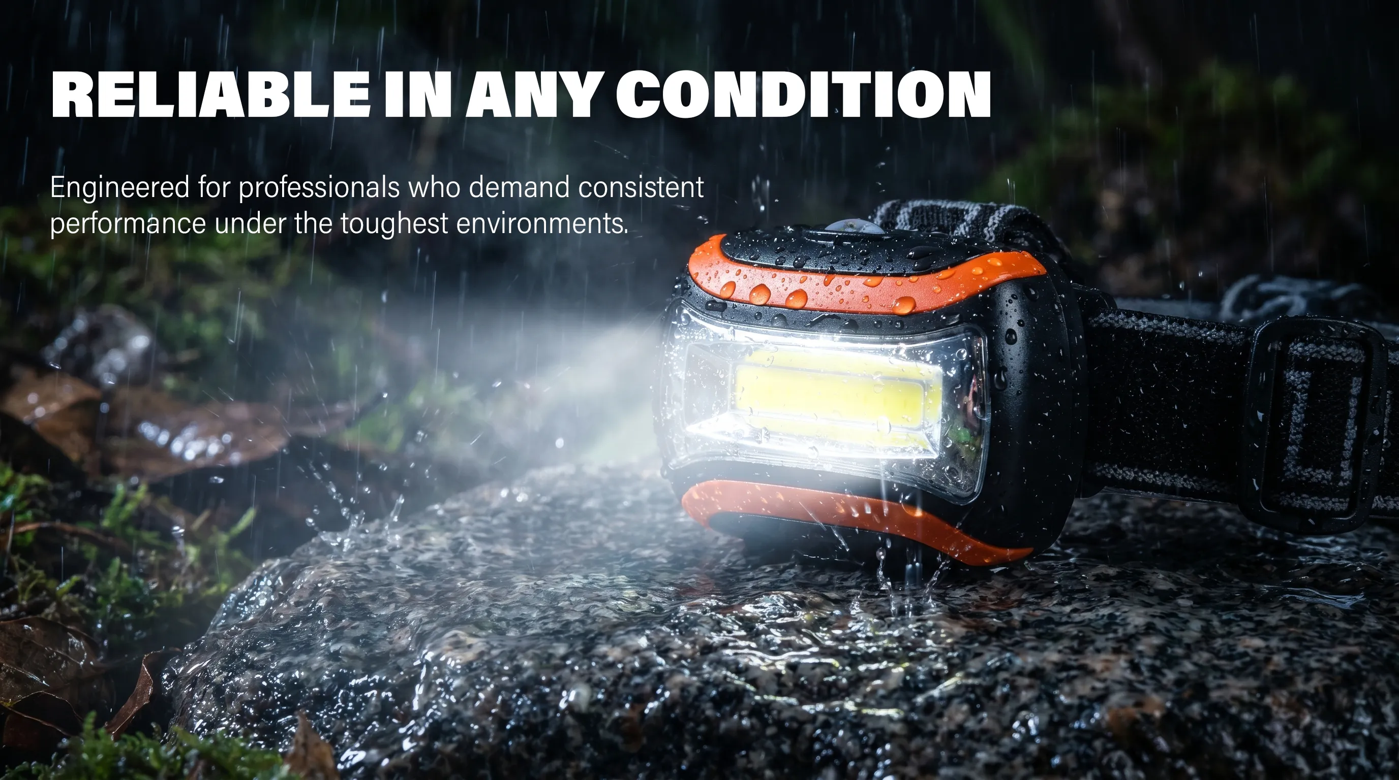Full-width cinematic view of an orange COB LED headlamp lighting up a dark rainy forest environment.
