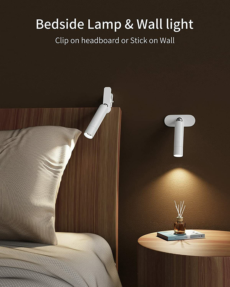 Versatile bedside lamp used as a clip-on light and a magnetic wall-mounted night light.