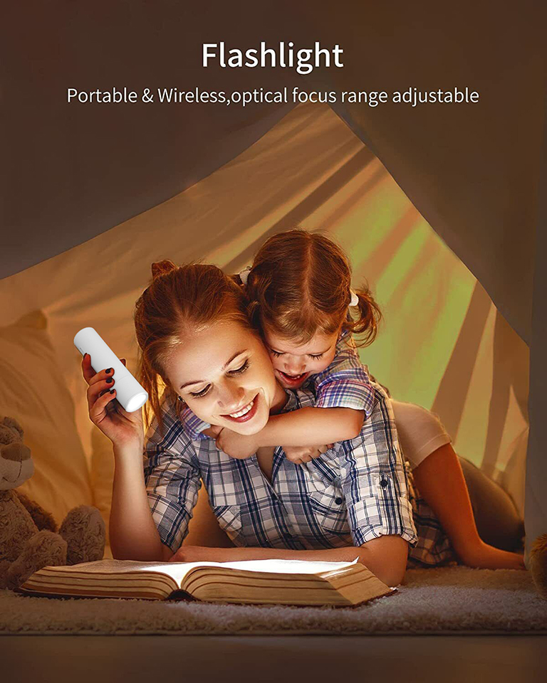 Portable rechargeable LED flashlight with adjustable focus for indoor and outdoor use.