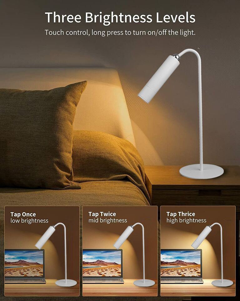 Three brightness levels controlled by touch for customized lighting on the desktop.