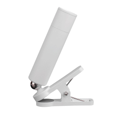 Lamp head attached to a clip base, functioning as a portable reading light.