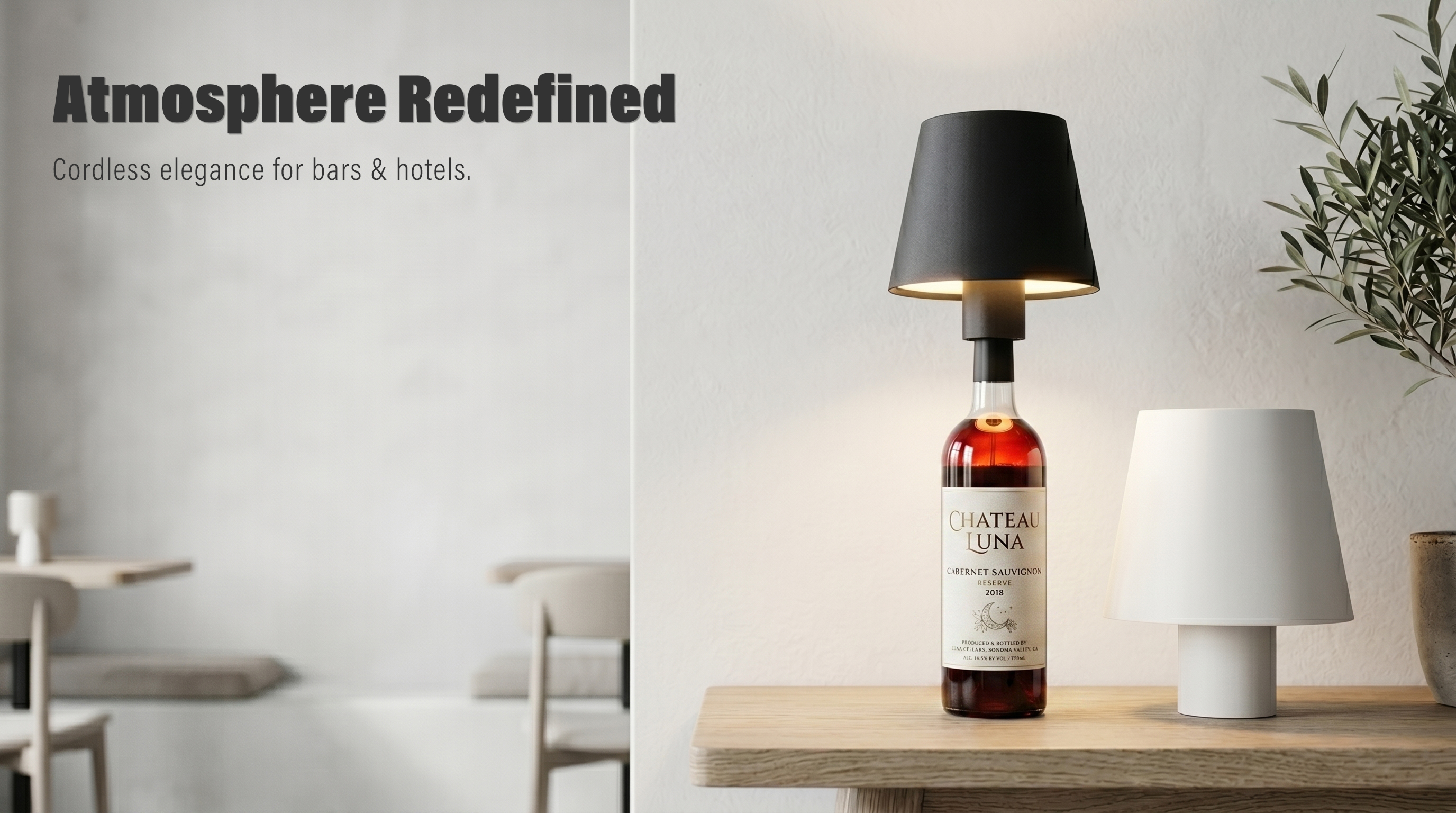 A professional display of matte black and white modular wine bottle lamps on a minimalist table, featuring warm LED lighting for hospitality and home decor.